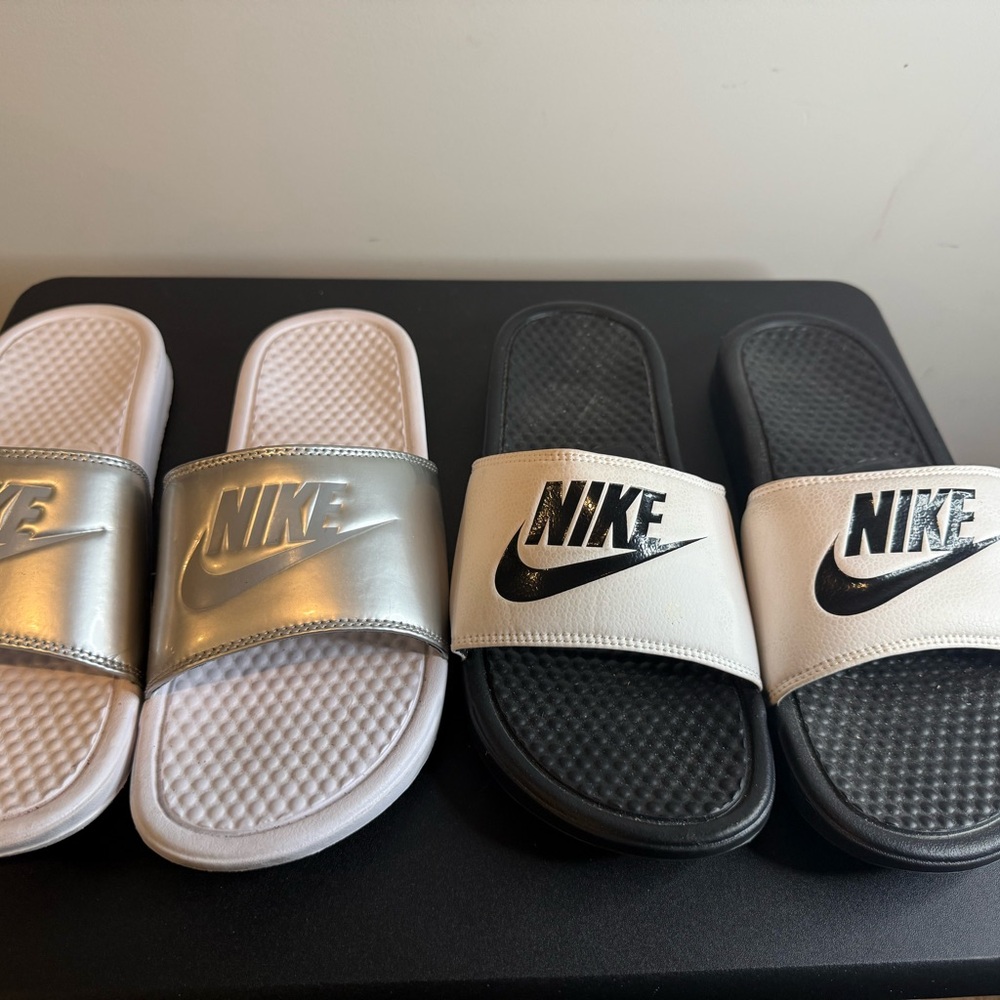 Women’s size Nike Slide Sandals in Metallic Silver and Classic Black 2 pair